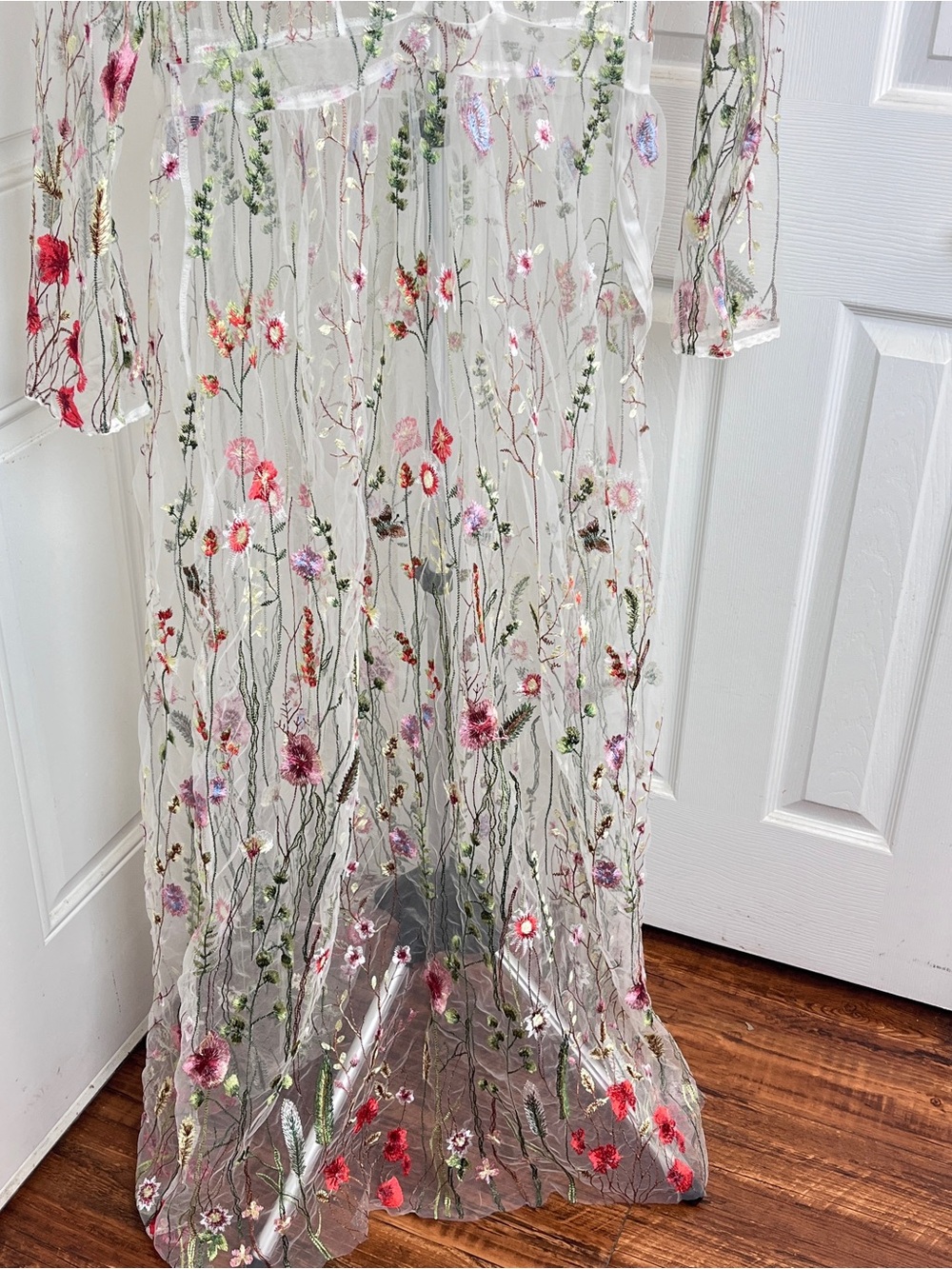 cleo Ivory Sheer Dress with Green pink yellow Embroidery sheer cottage